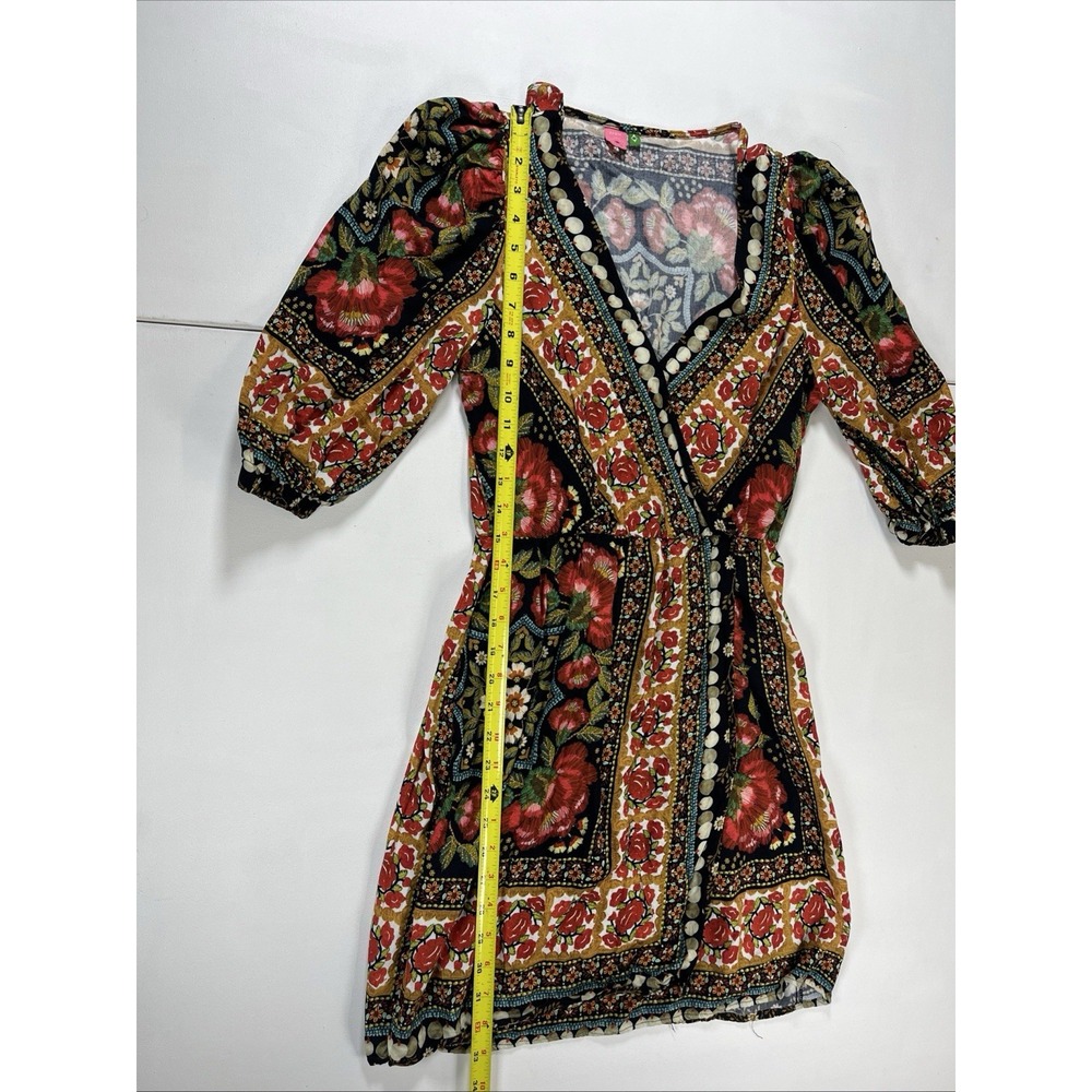 FARM Rio Floral Wrap Mini Dress V-Neck Puff Sleeve Pattern Tapestry Womens S - Picture 9 of 16